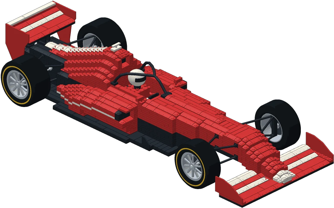 A detailed red racing car built from hundreds of little pieces